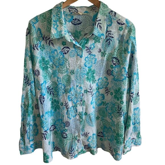 Vintage - Appleseed's - blue floral print pattern button down top - Picture 1 of 7
